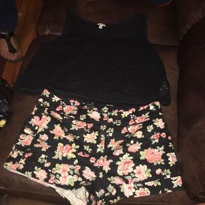 Floral pink and black shorts and a black crop top